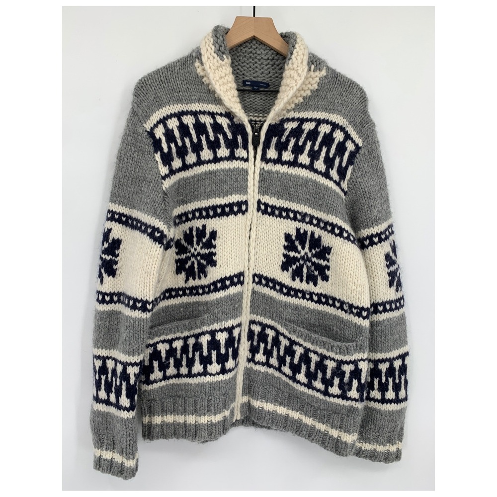 Vintage Gap Sweater Mens Large Hand Knit Zip Cardigan Snowflake Wool Thick Heavy